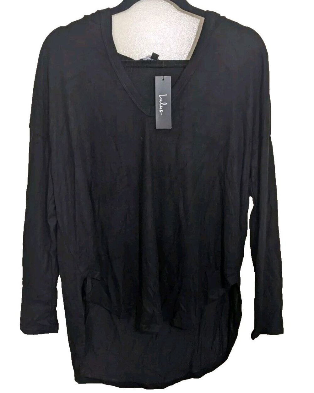 Lulus Top Casually Cute Black Hooded Knit Cozy Stretch Oversized Small